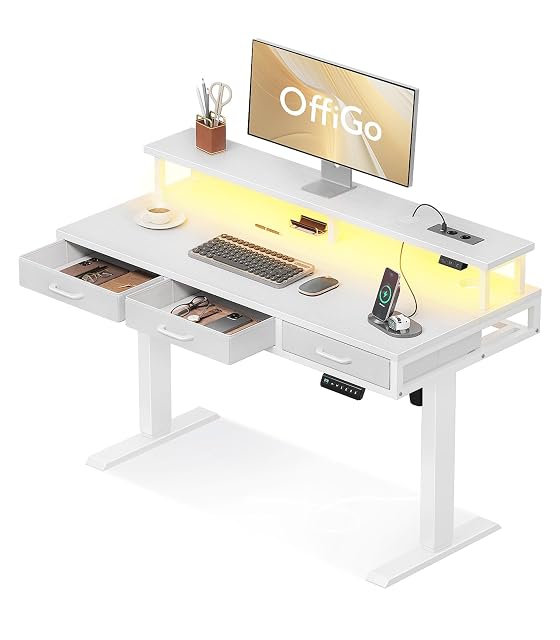 Scrivania elettrica regolabile OffiGo con cassetti e supporto per monitor