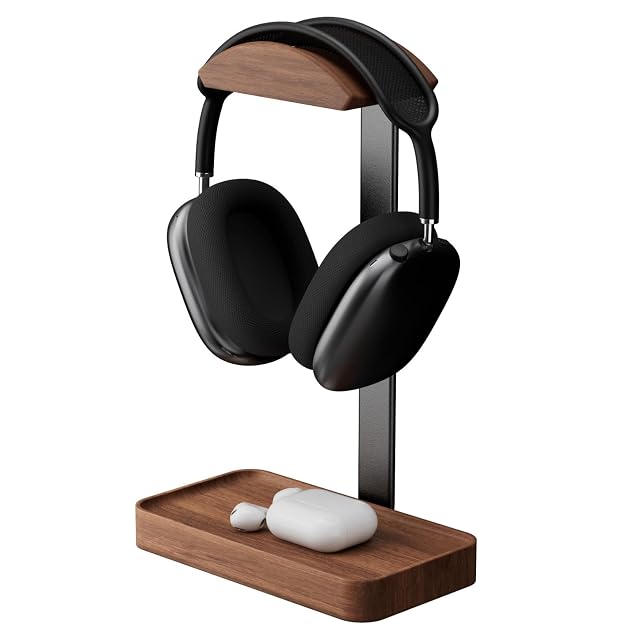 Supporto per cuffie in noce massiccio muso wood con una cuffia