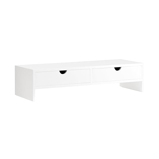 Supporto per monitor SoBuy con finitura in legno e due cassetti