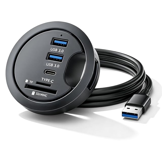 Hub USB Leikurvo montato a filo in un foro passacavo della scrivania
